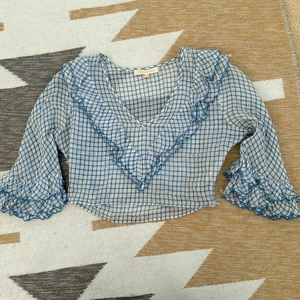Loveshackfancy blue white checkered crop top